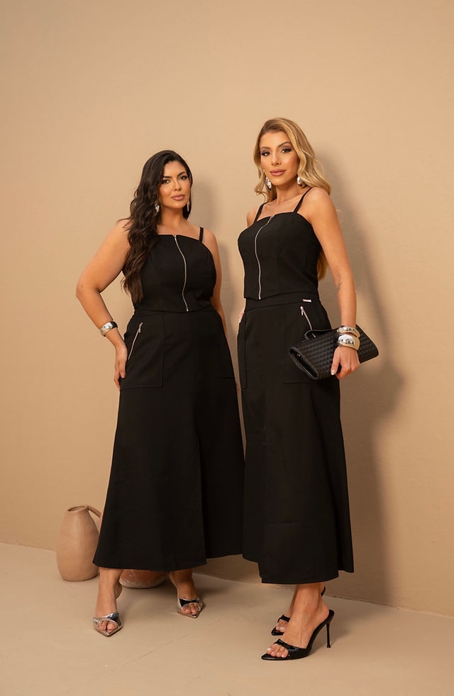 CONJUNTO DE TOP COM SAIA MIDI DETALHE ZIPERES