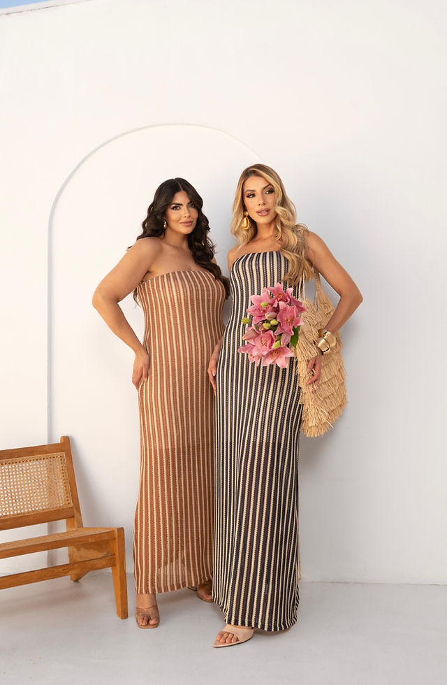 VESTIDO LONGO EM RETILINEA LISTRADA PREMIUM
